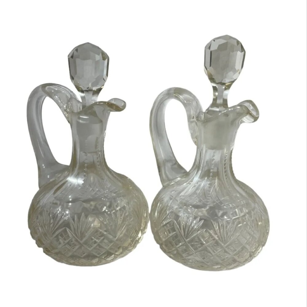 Pair of Vintage Cut Crystal Cruet with Faceted Stopper for Oil or Vinegar